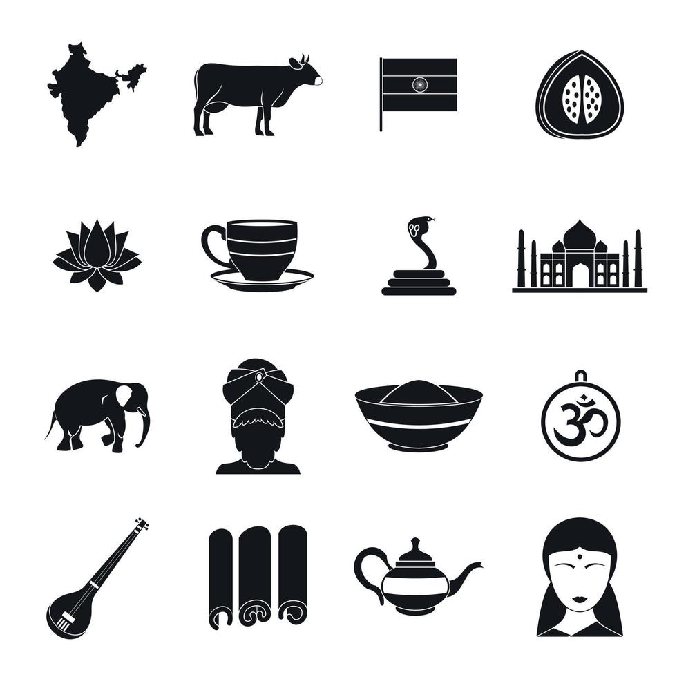 conjunto de iconos de viaje india, estilo simple vector