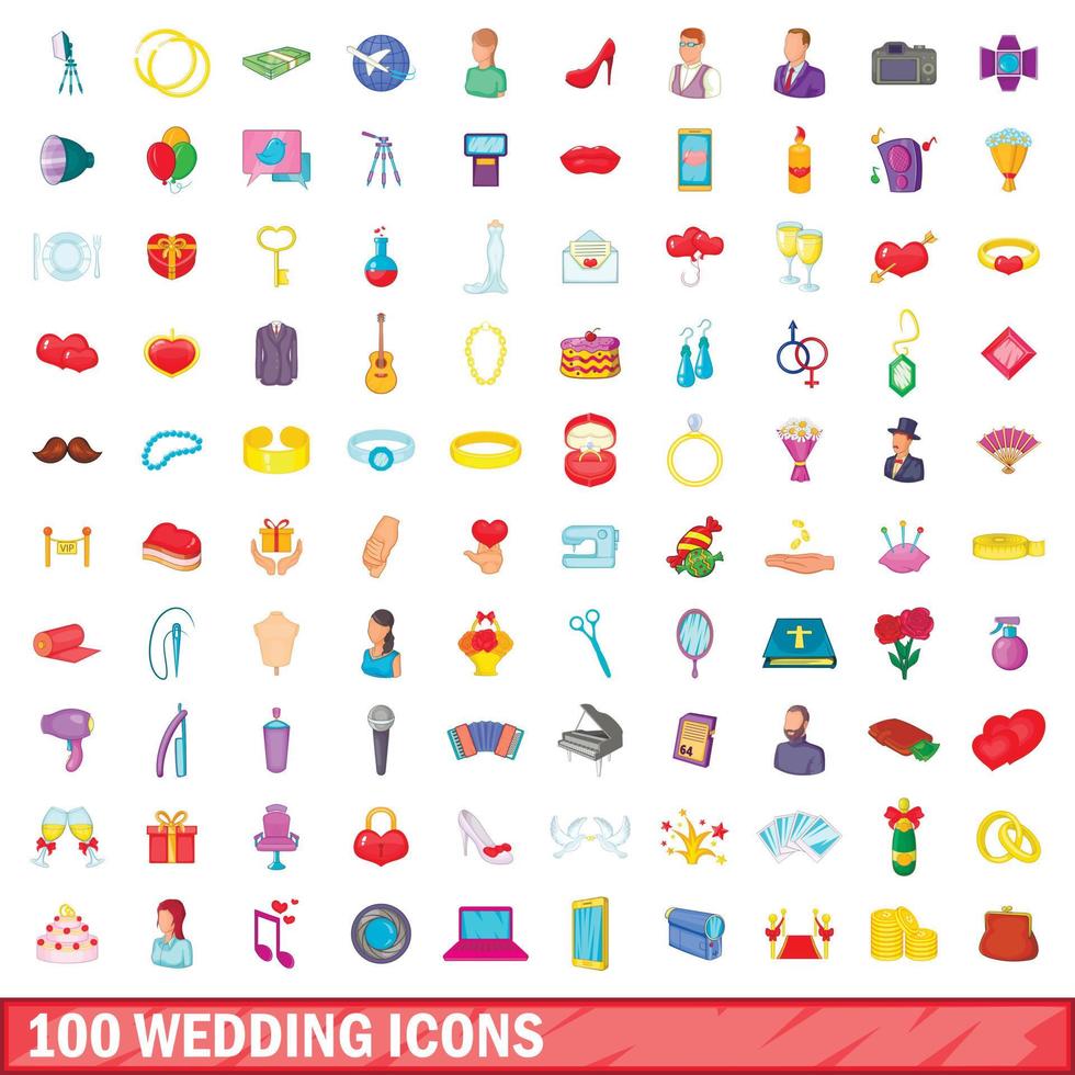 100 iconos de boda, estilo de dibujos animados vector