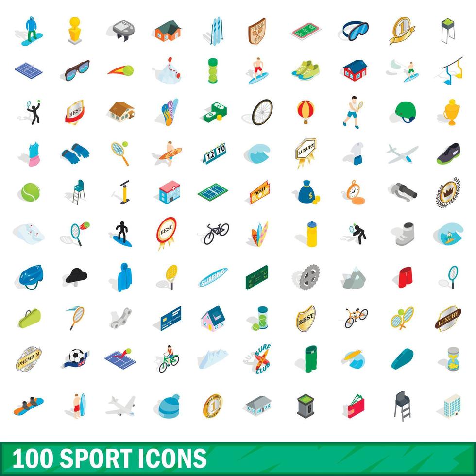 100 sport icons set, isometric 3d style vector