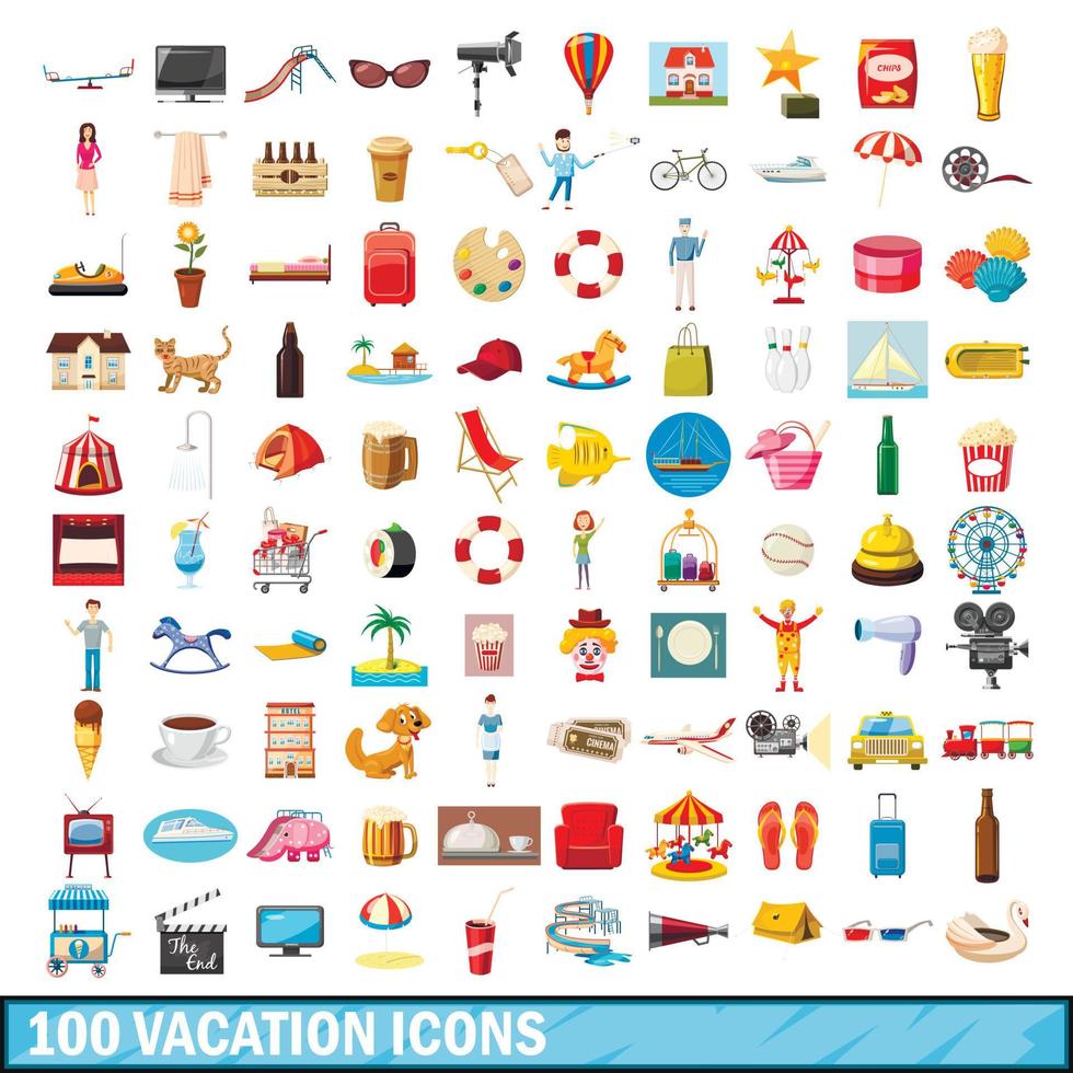 100 vacation icons set, cartoon style vector