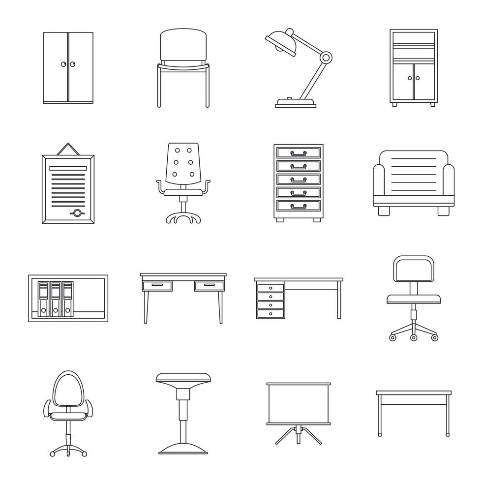 Office furniture icons set, outline style vector