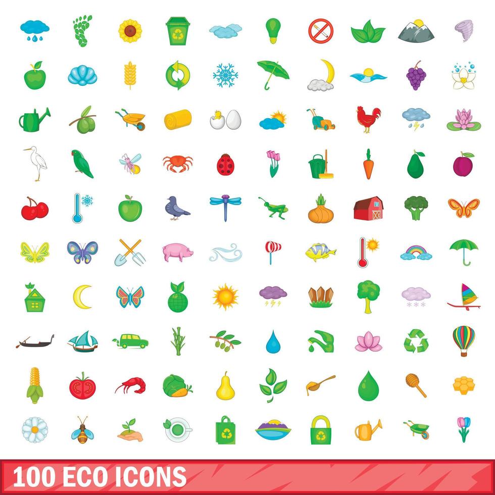 100 iconos ecológicos, estilo de dibujos animados vector