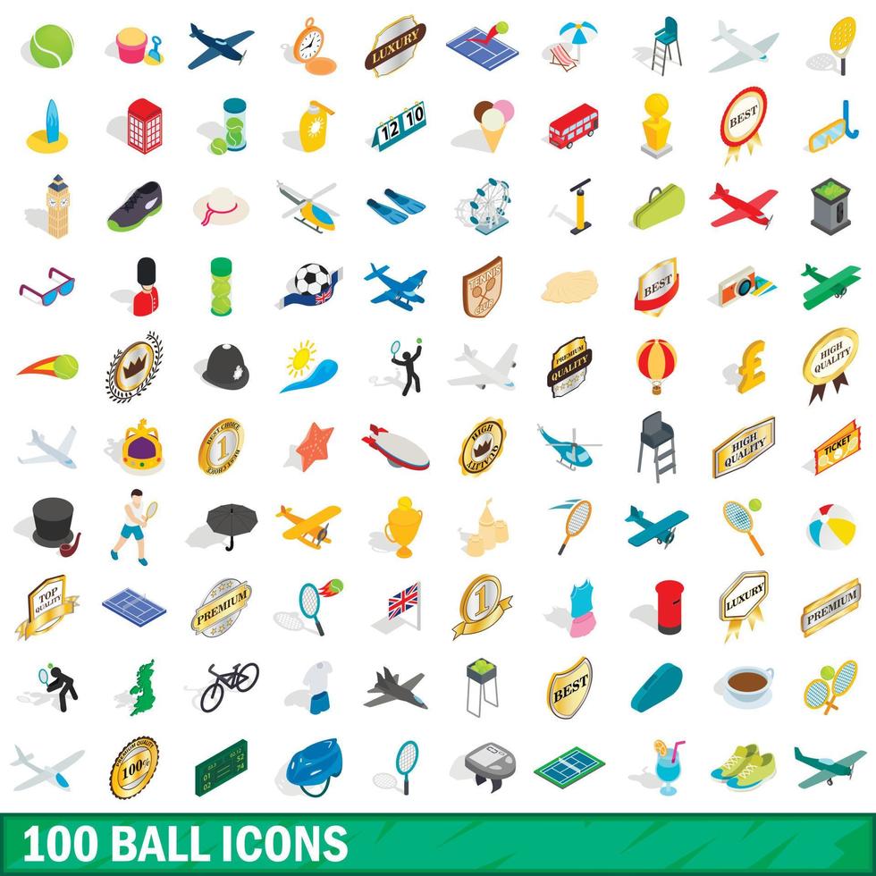 100 ball icons set, isometric 3d style vector