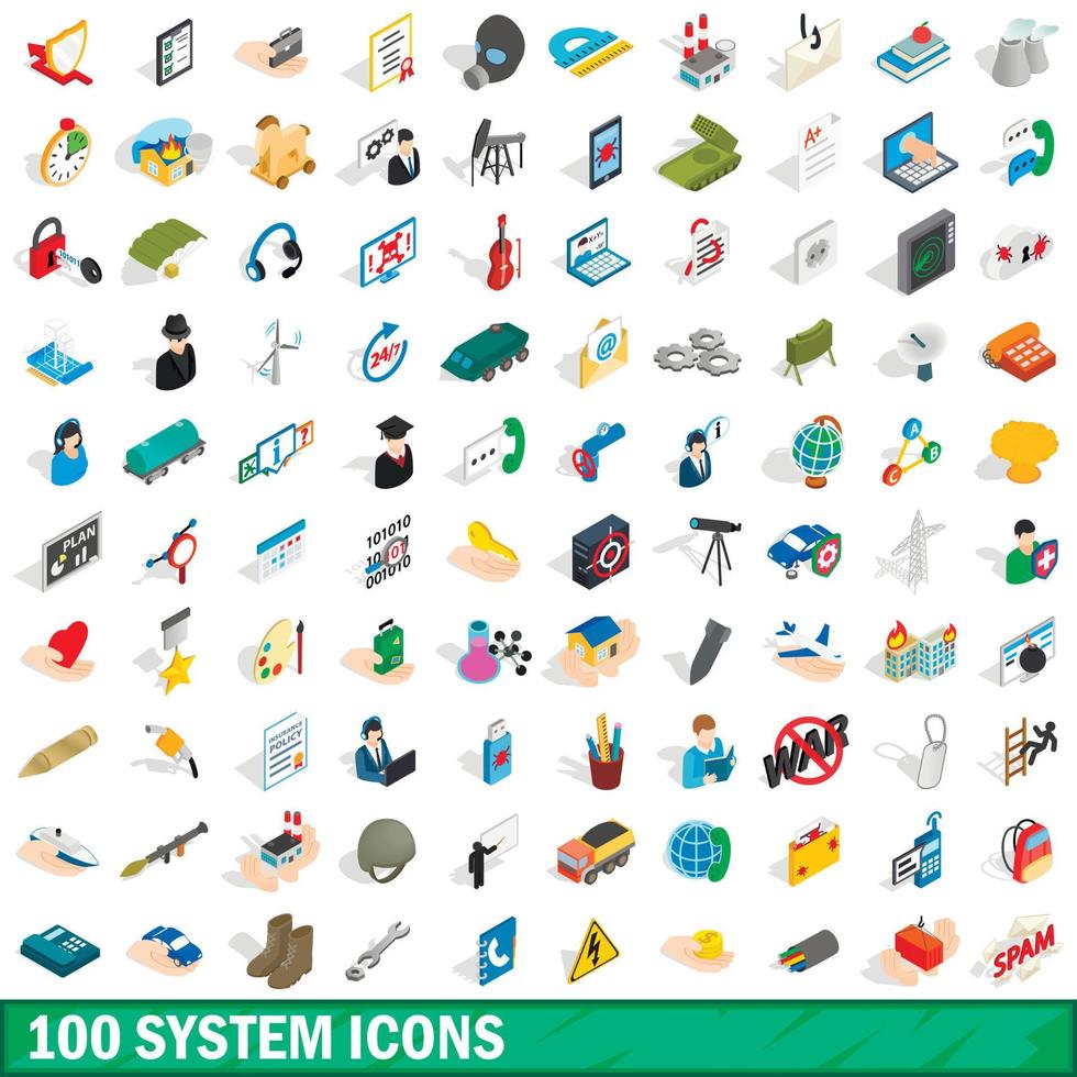 100 system icons set, isometric 3d style vector