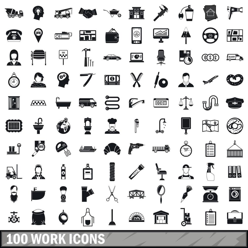 100 work icons set, simple style vector