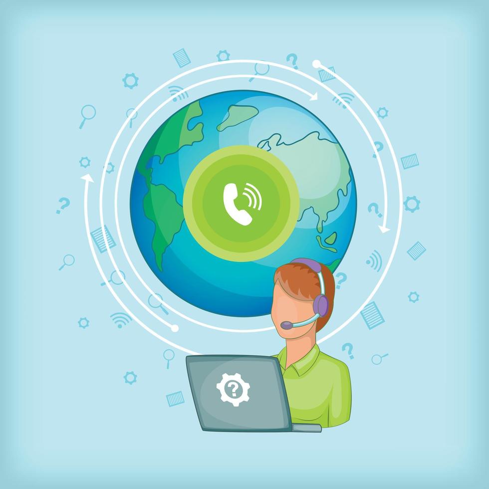 Call center concept global, cartoon style vector