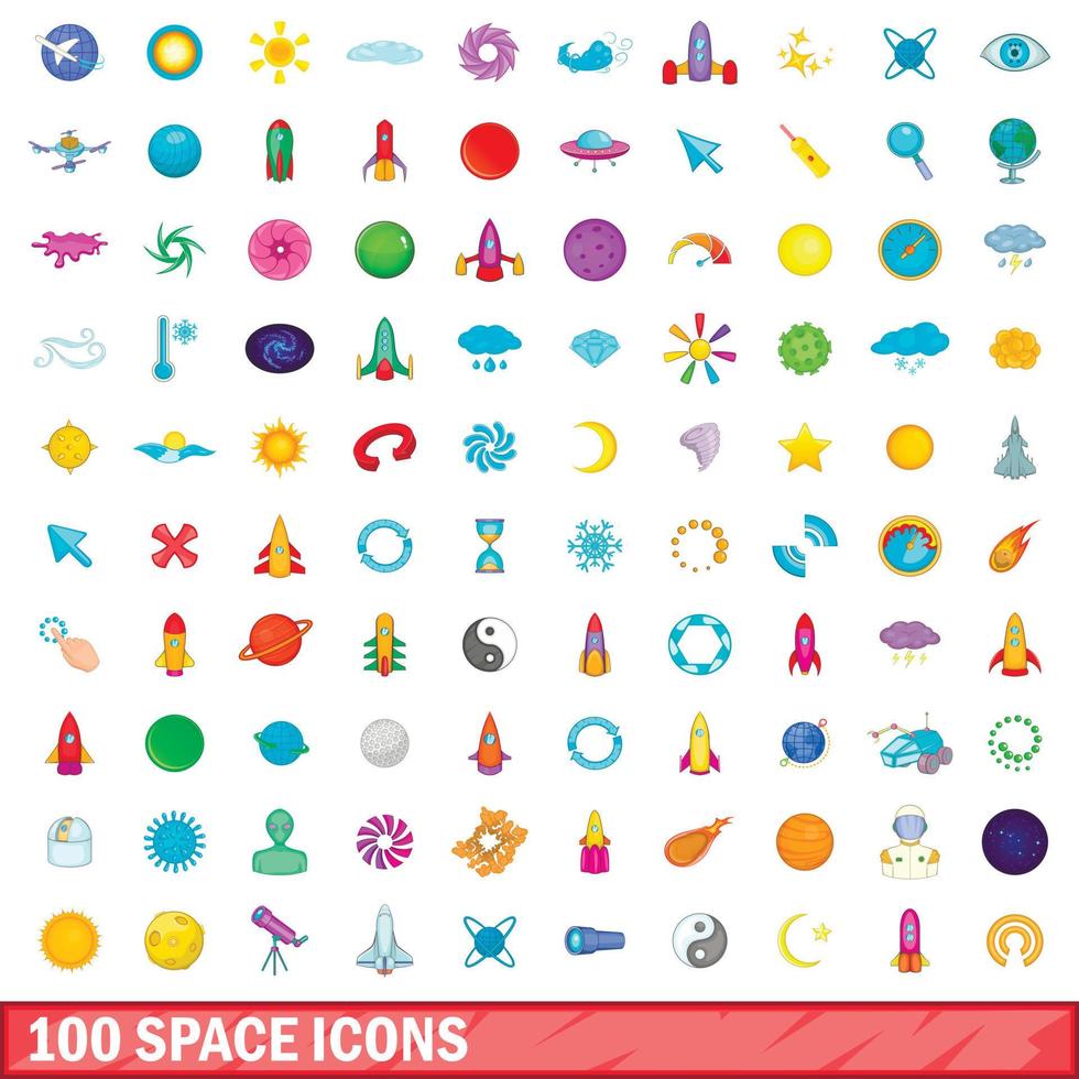 100 iconos de espacio, estilo de dibujos animados vector