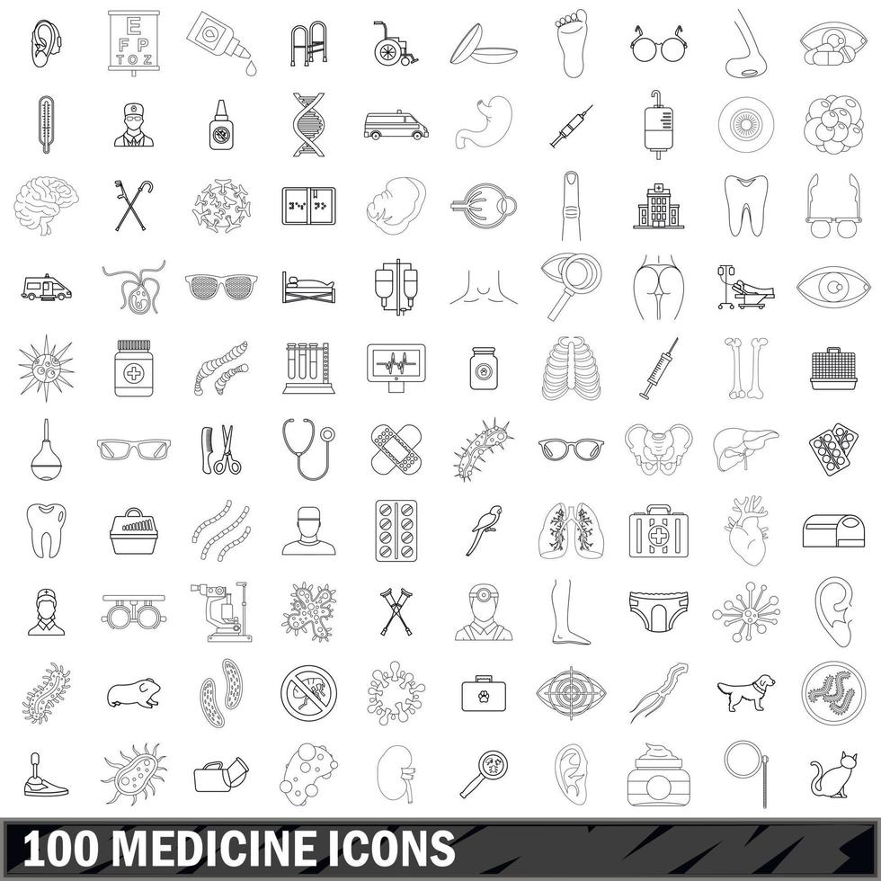 100 medicine icons set, outline style vector