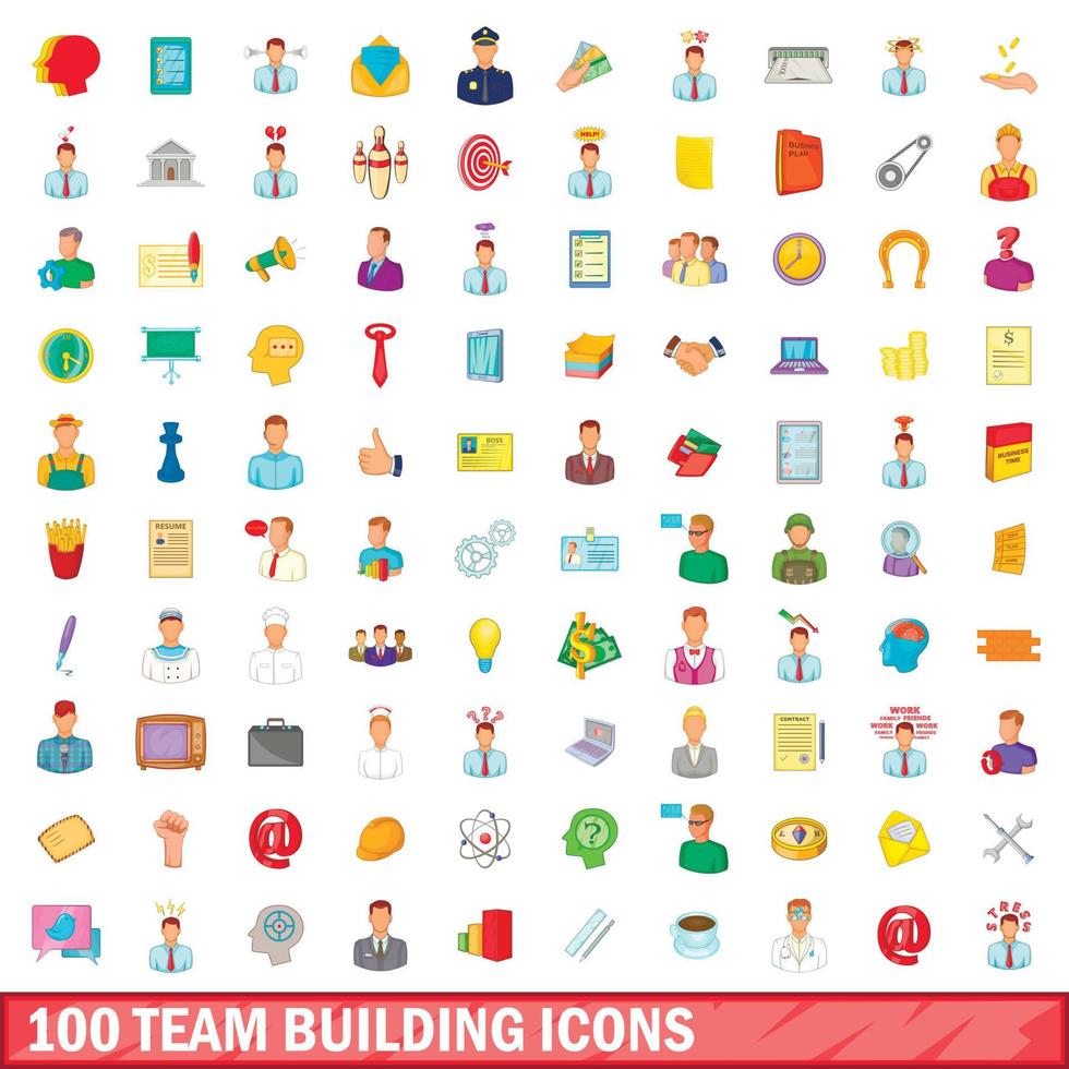 100 team building icons set, cartoon style vector