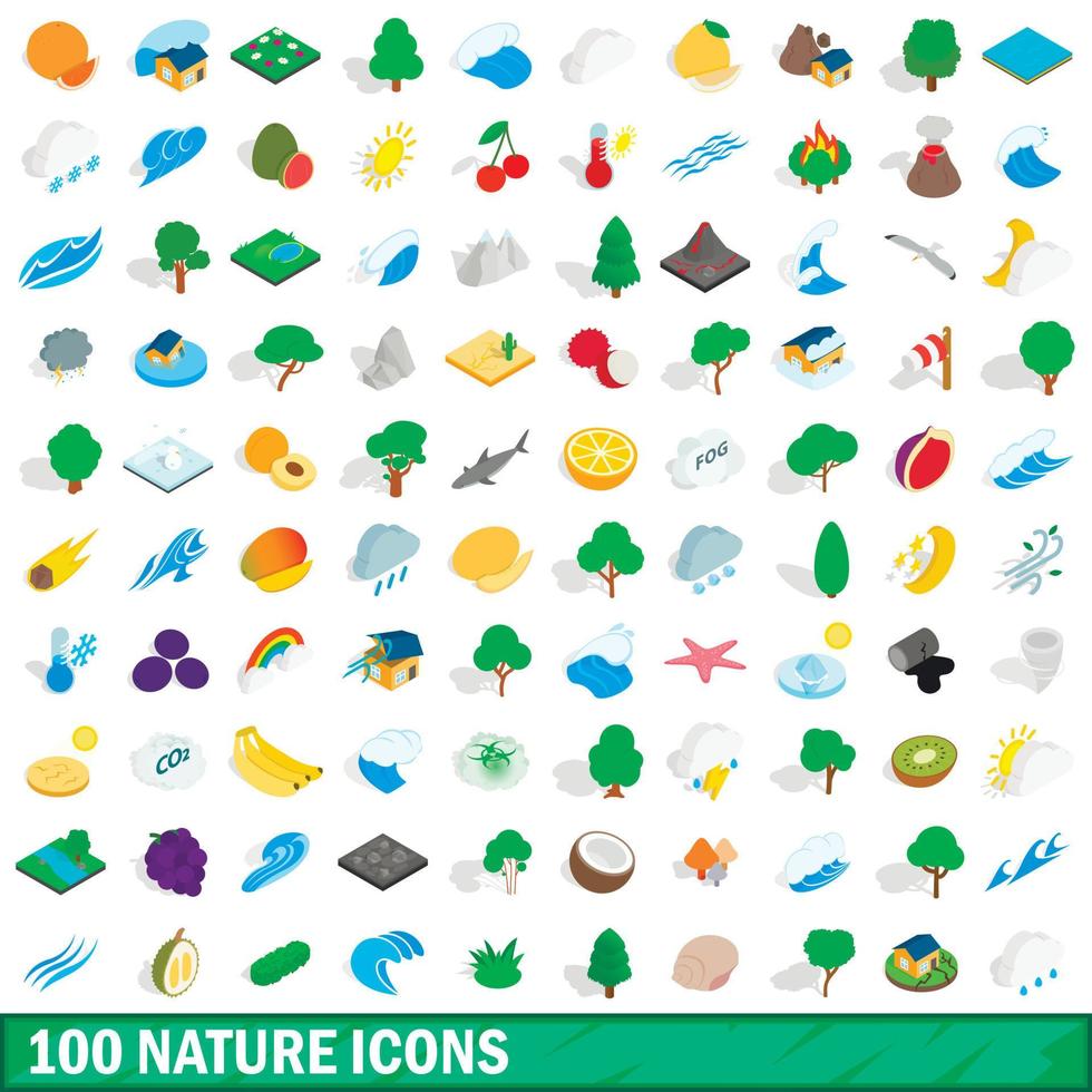 100 nature icons set, isometric 3d style vector