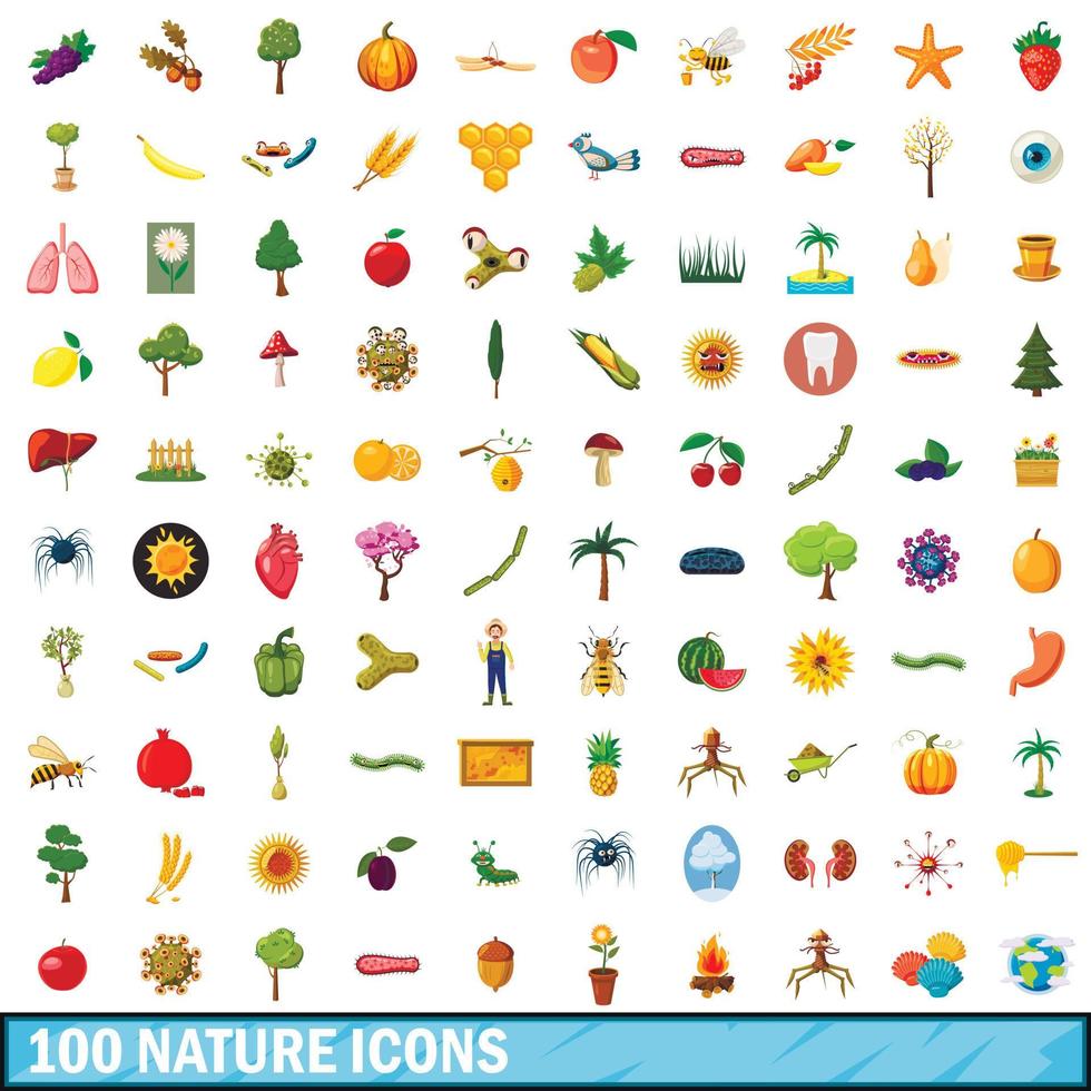 100 nature icons set, cartoon style vector