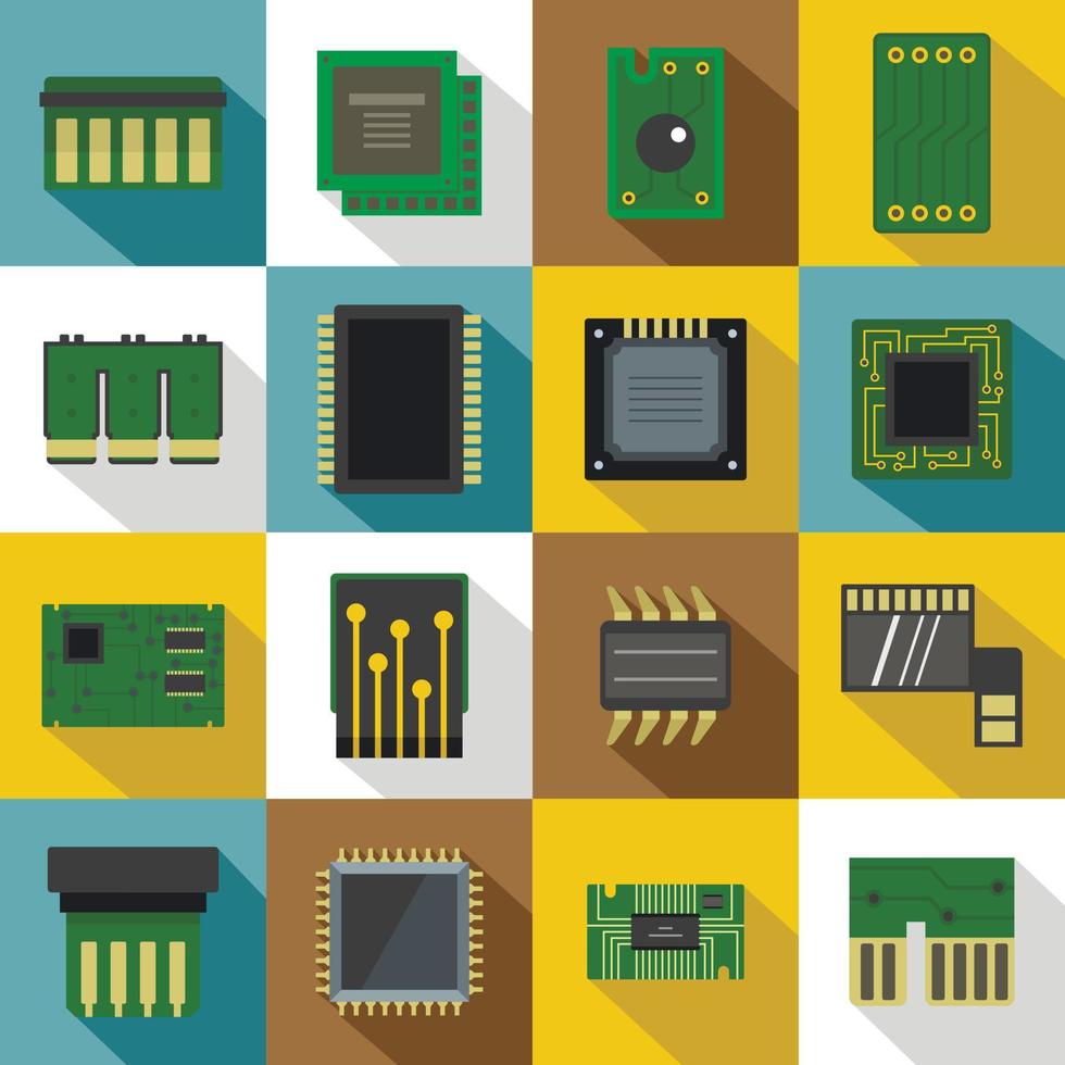 conjunto de iconos de chips de computadora, estilo plano vector