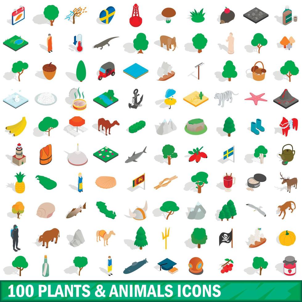 100 plants and animals icons set, isometric style vector
