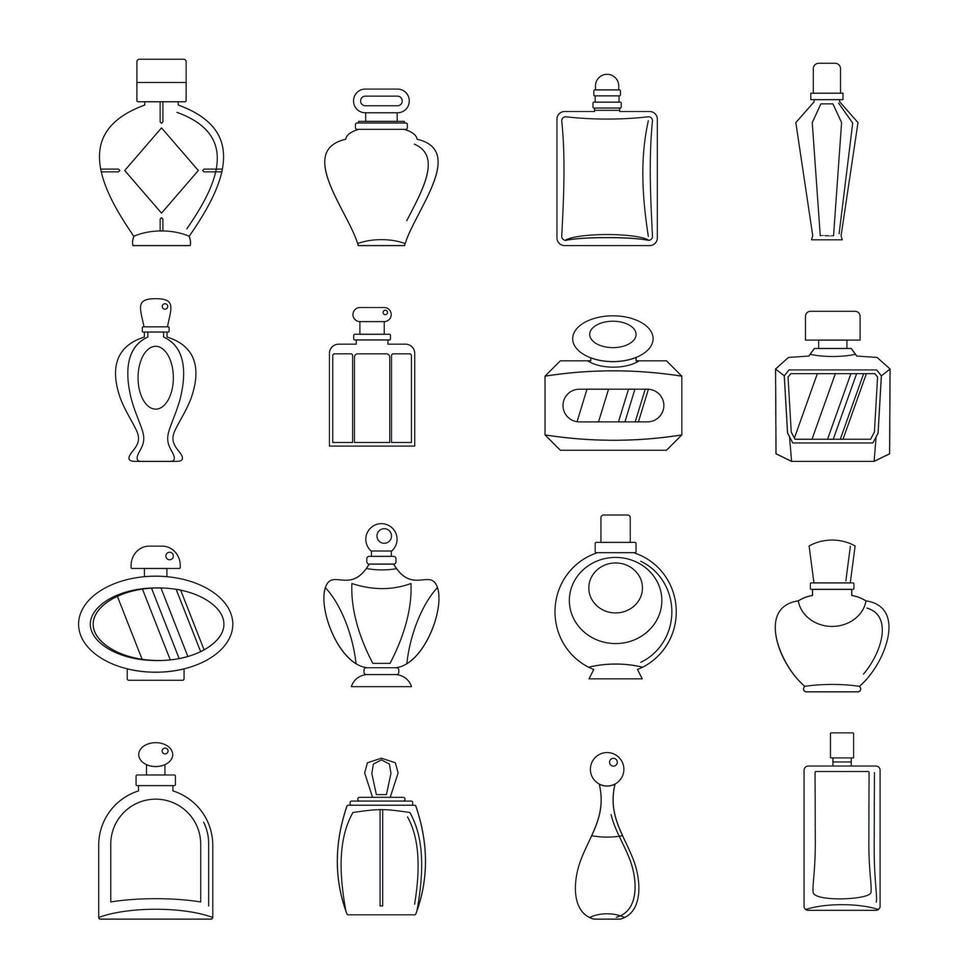 Perfume bottles icons set, outline style vector