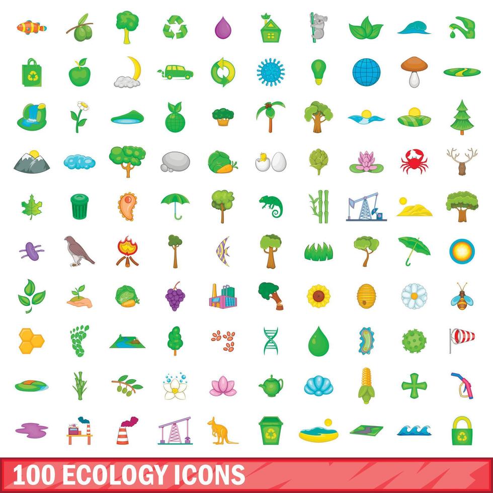 100 iconos de ecología, estilo de dibujos animados vector