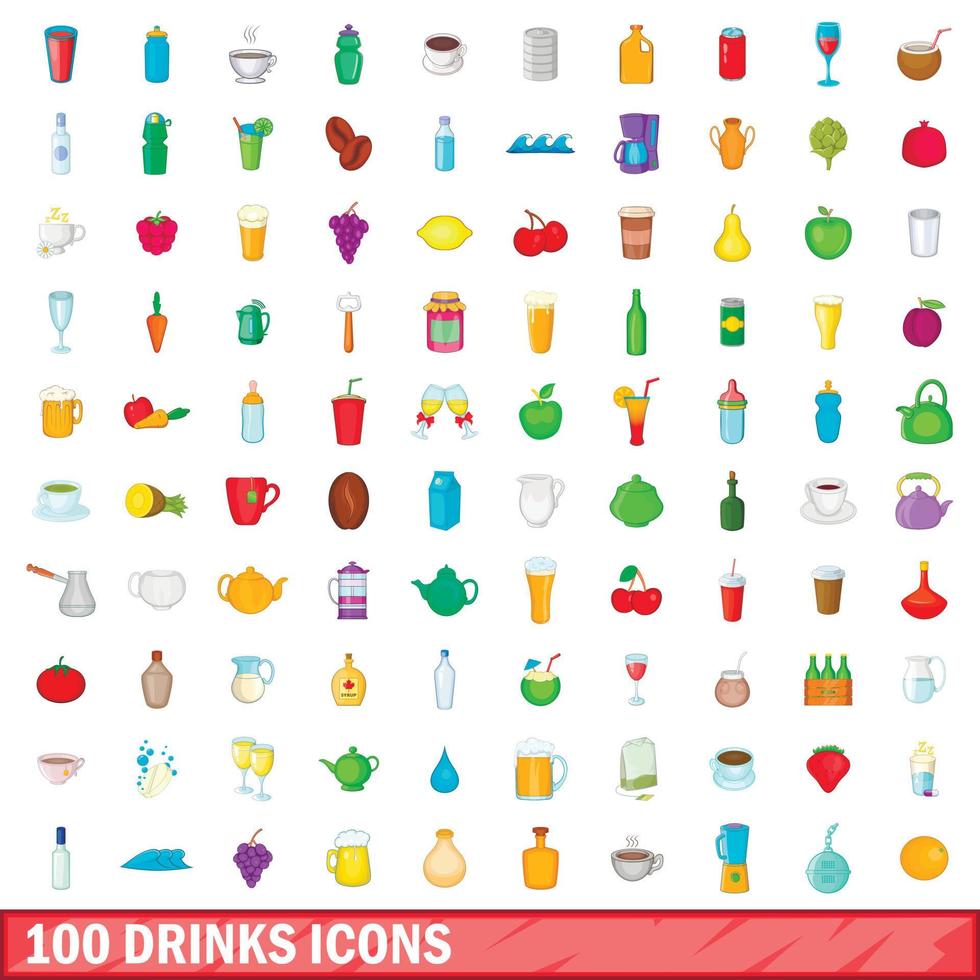 100 drink icons set, cartoon style vector