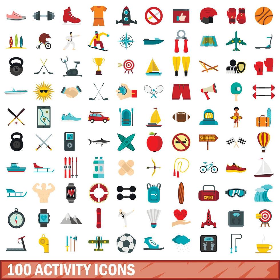100 activity icons set, flat style vector