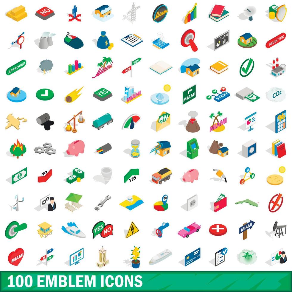 100 iconos de emblema, estilo isométrico 3d vector