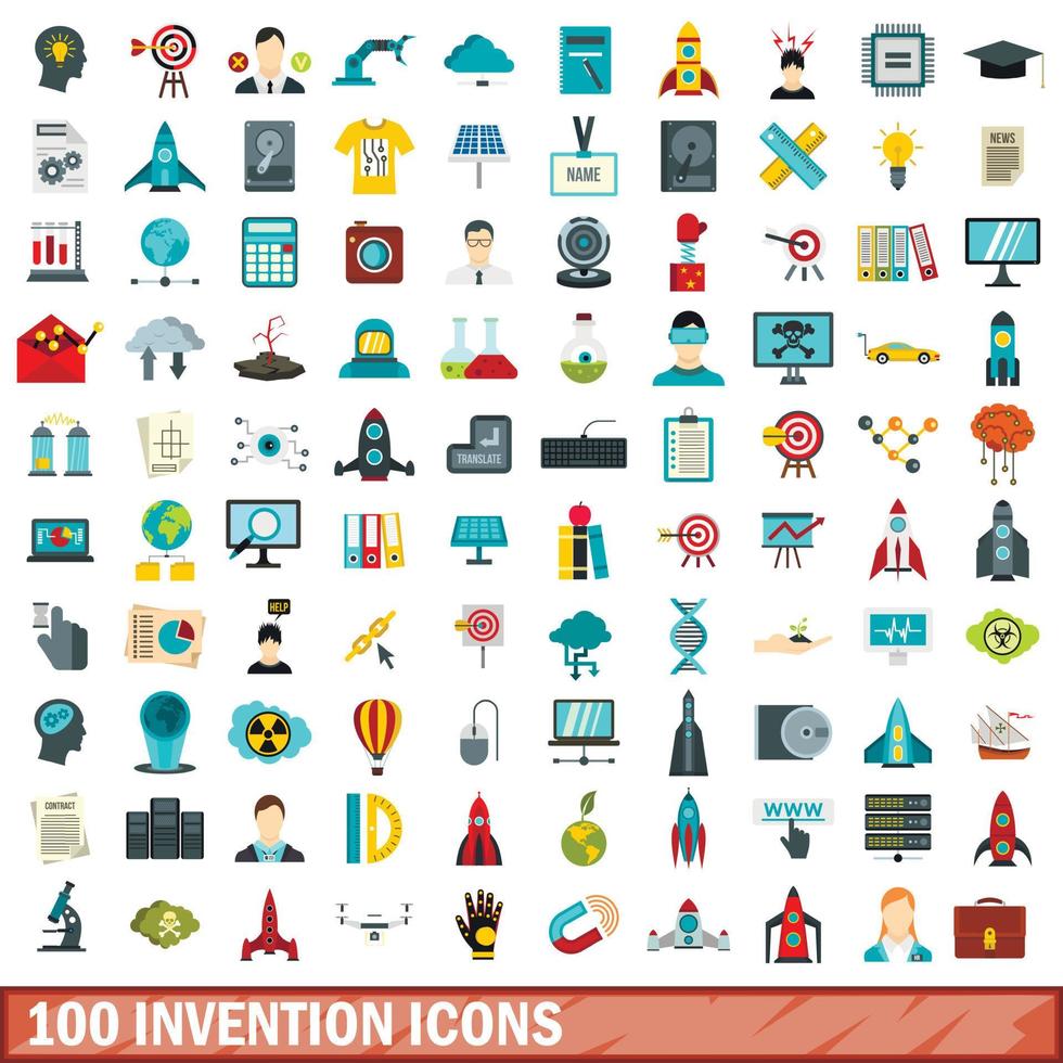 100 invention icons set, flat style vector