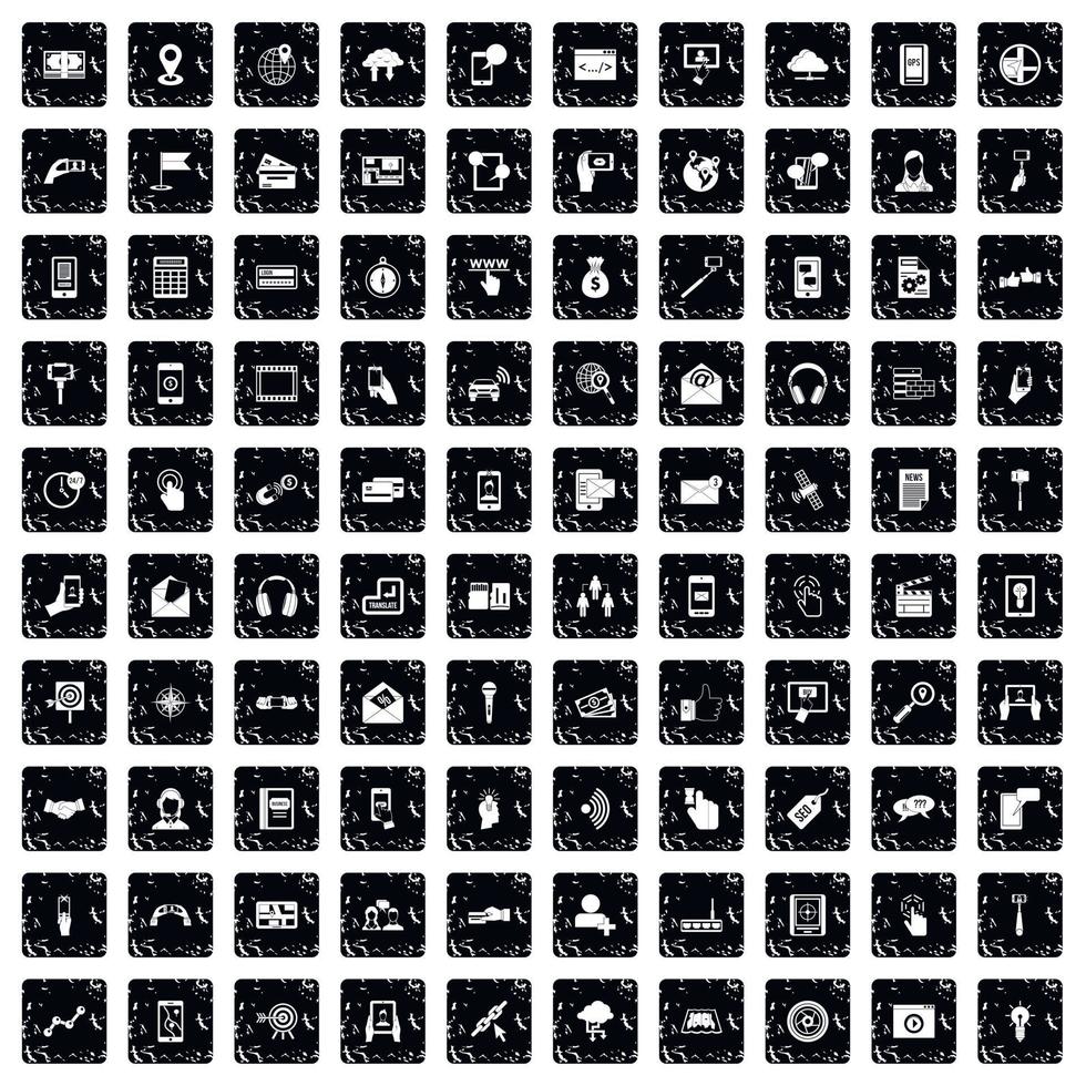 100 mobile icons set, grunge style vector