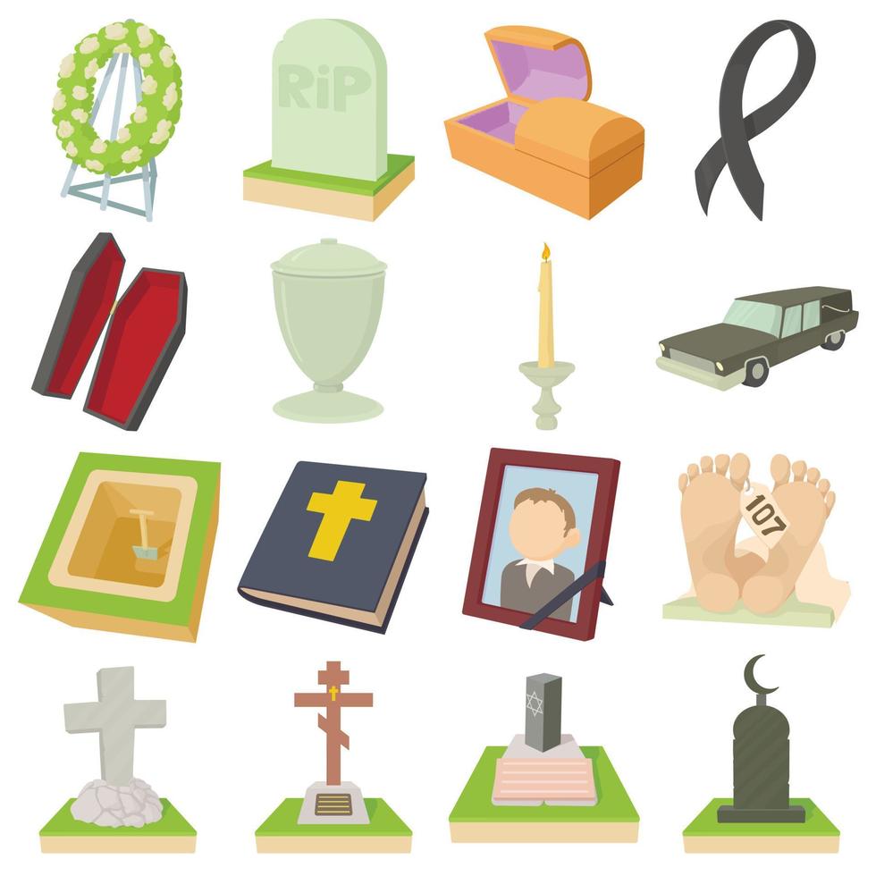 conjunto de iconos funerarios, estilo de dibujos animados vector