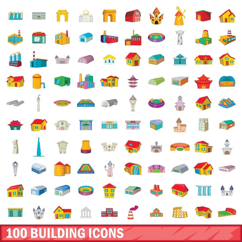 100 building icons set, cartoon style vector