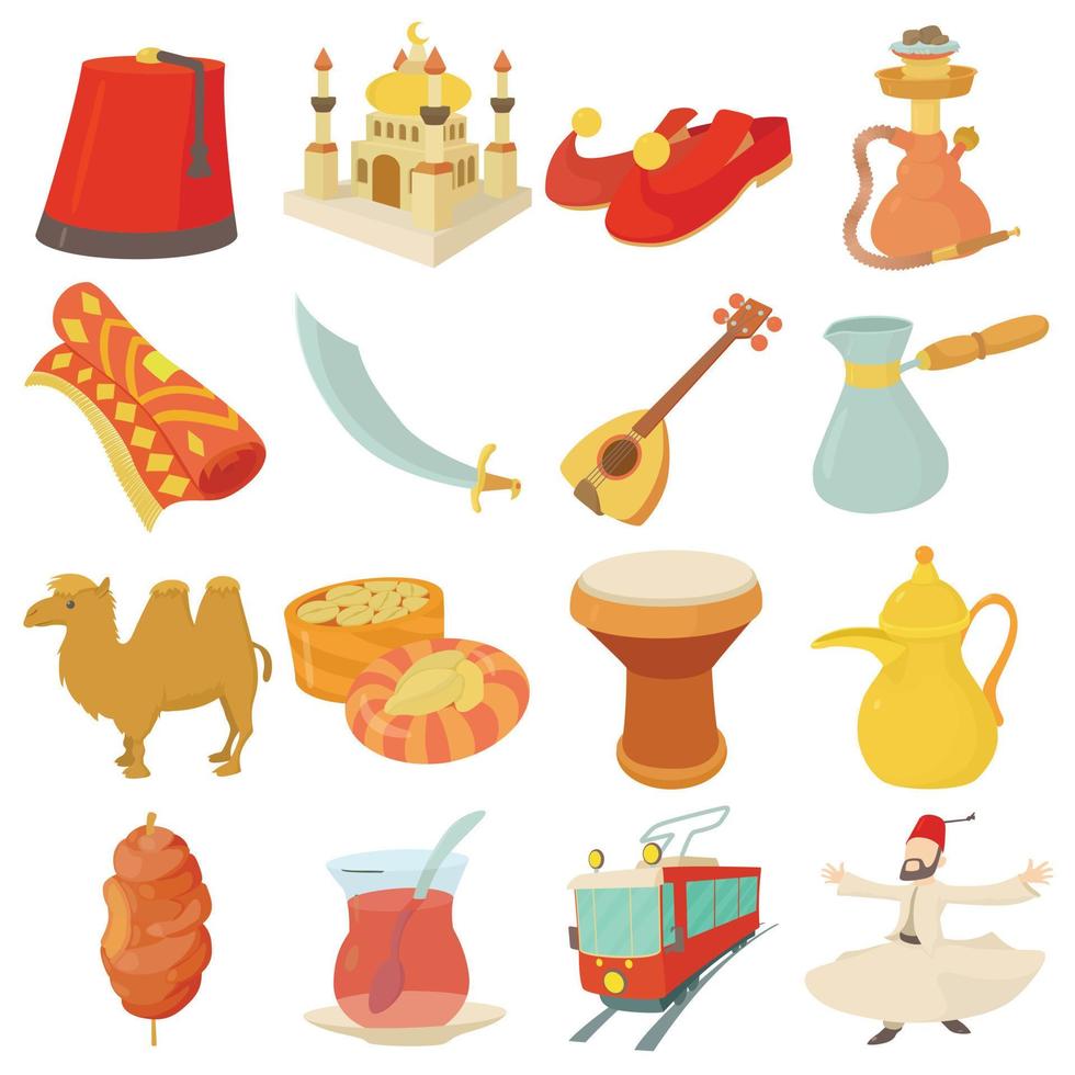 Turkey travel symbols icons set, cartoon style vector