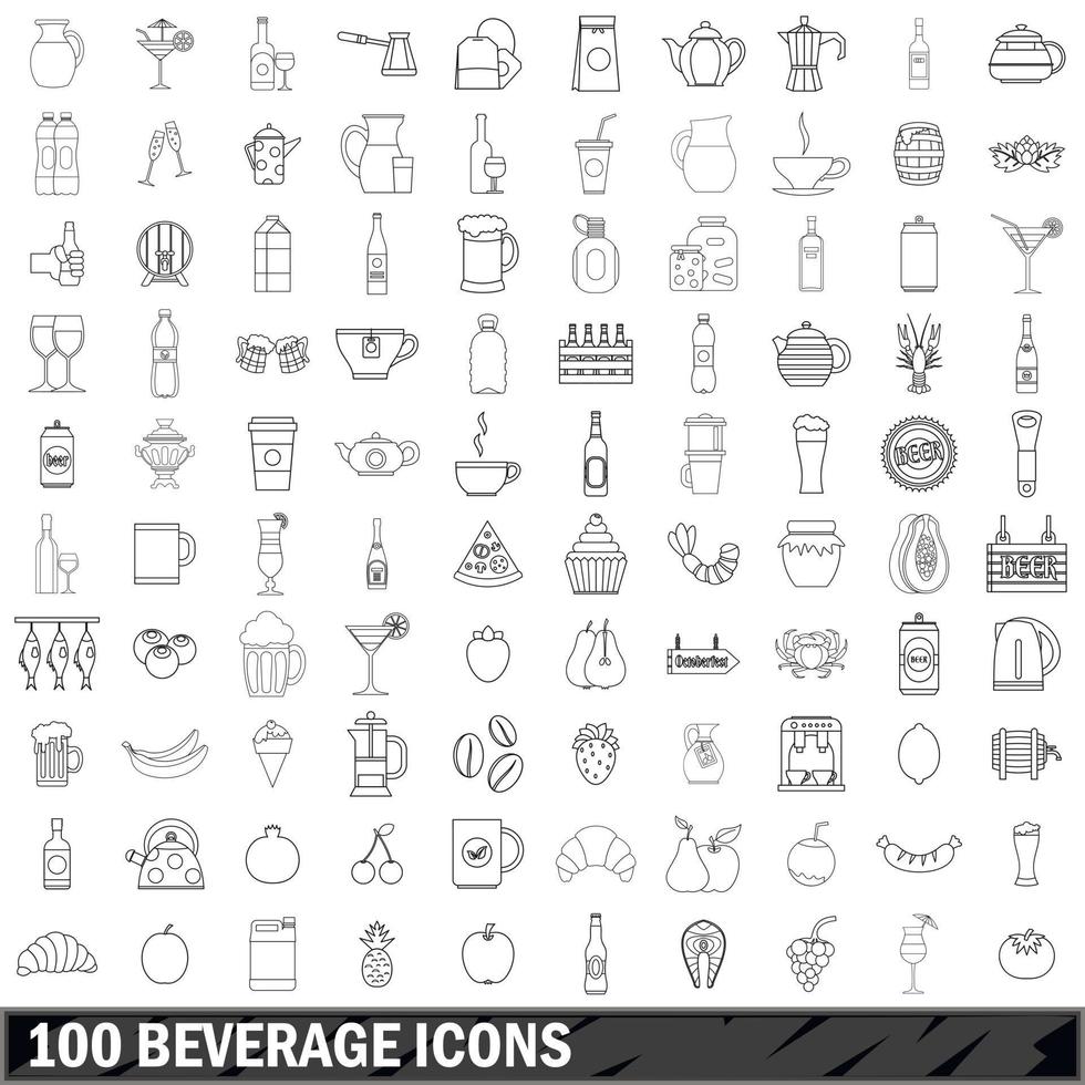 100 beverage icons set, outline style vector