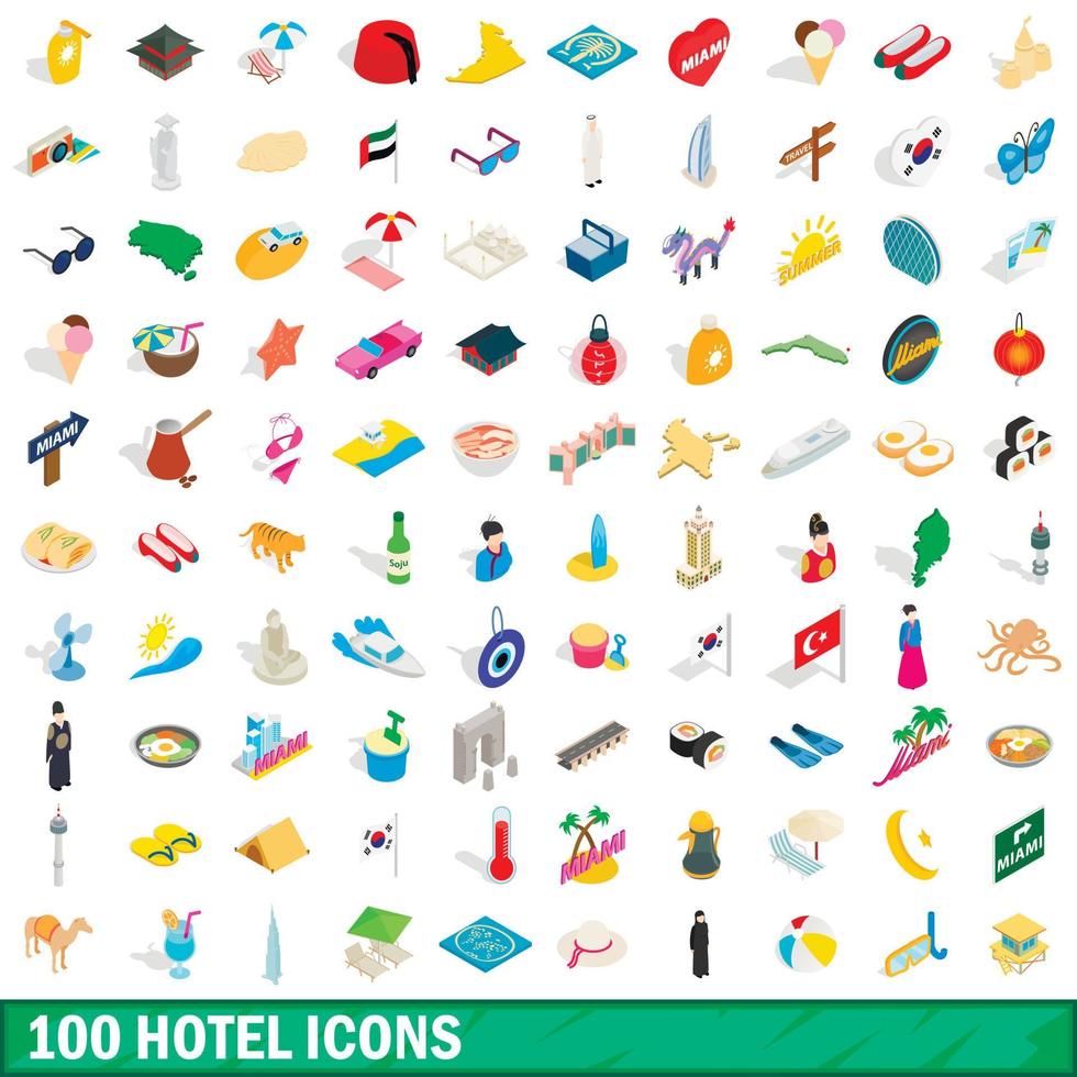 100 hotel icons set, isometric 3d style vector