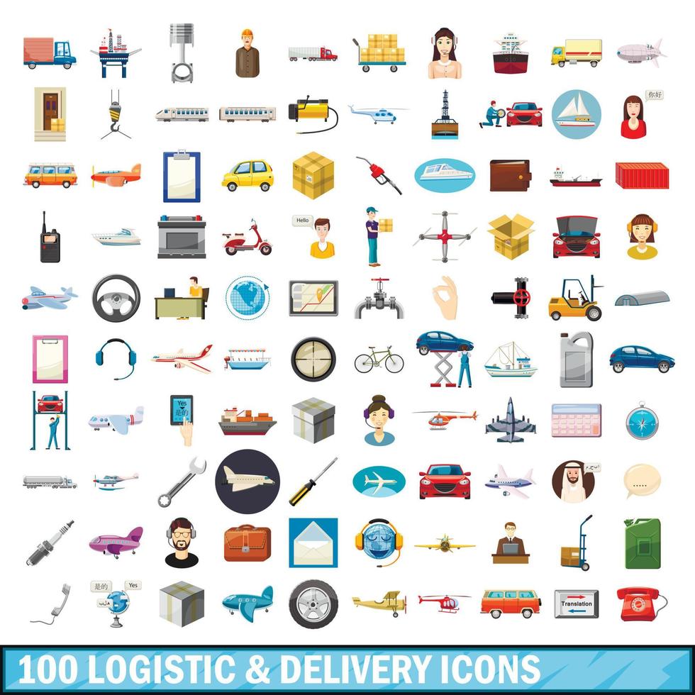 100 logistic and delivery icons set, cartoon style vector