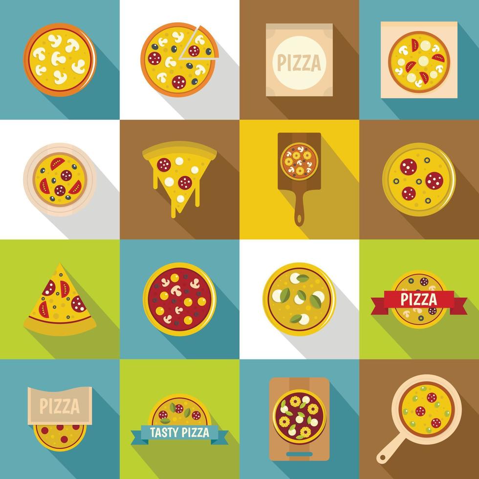 Pizza icons set food, flat style vector