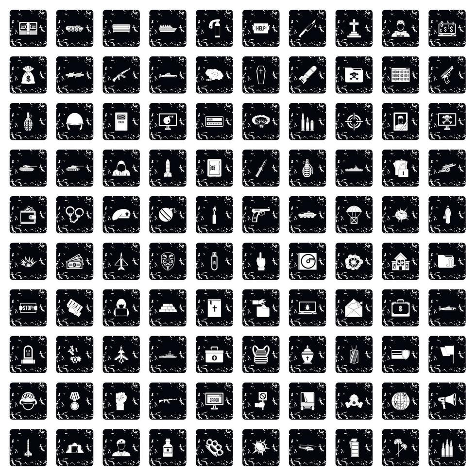 100 war icons set, grunge style vector