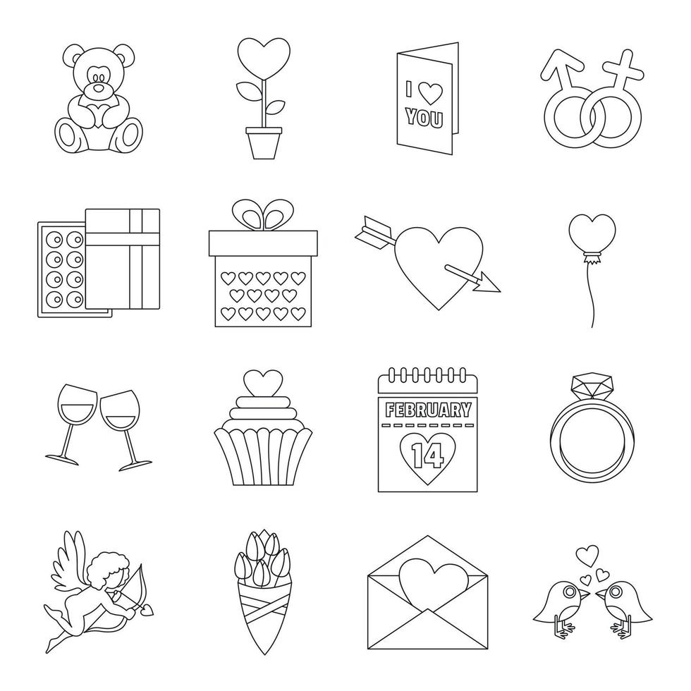 conjunto de iconos de san valentín, estilo de esquema vector