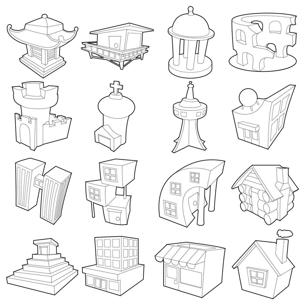 Different architecture icons set, outline style vector