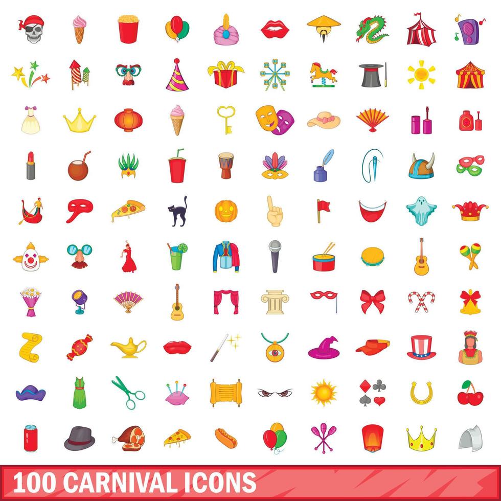 100 carnival icons set, cartoon style vector