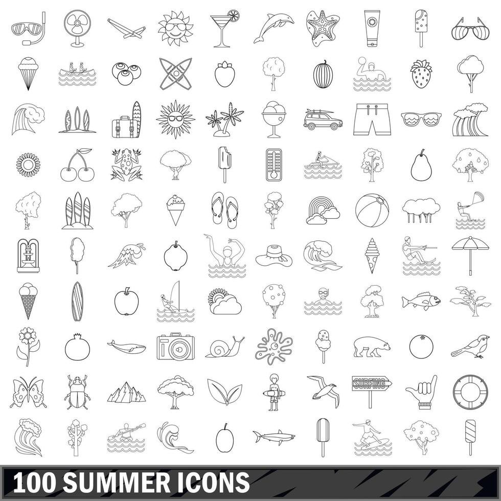 100 summer icons set, outline style vector