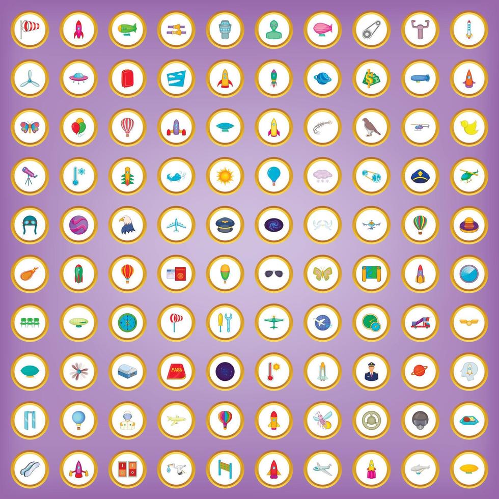 100 flight and aviation icons set in cartoon style vector