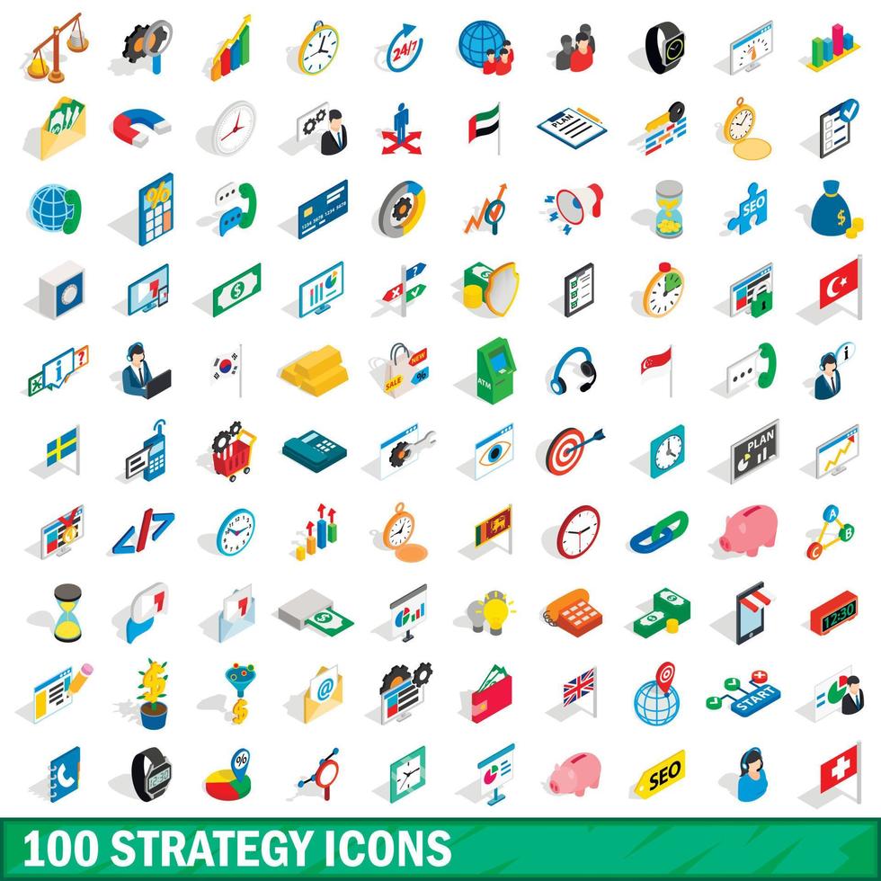 100 strategy icons set, isometric 3d style vector
