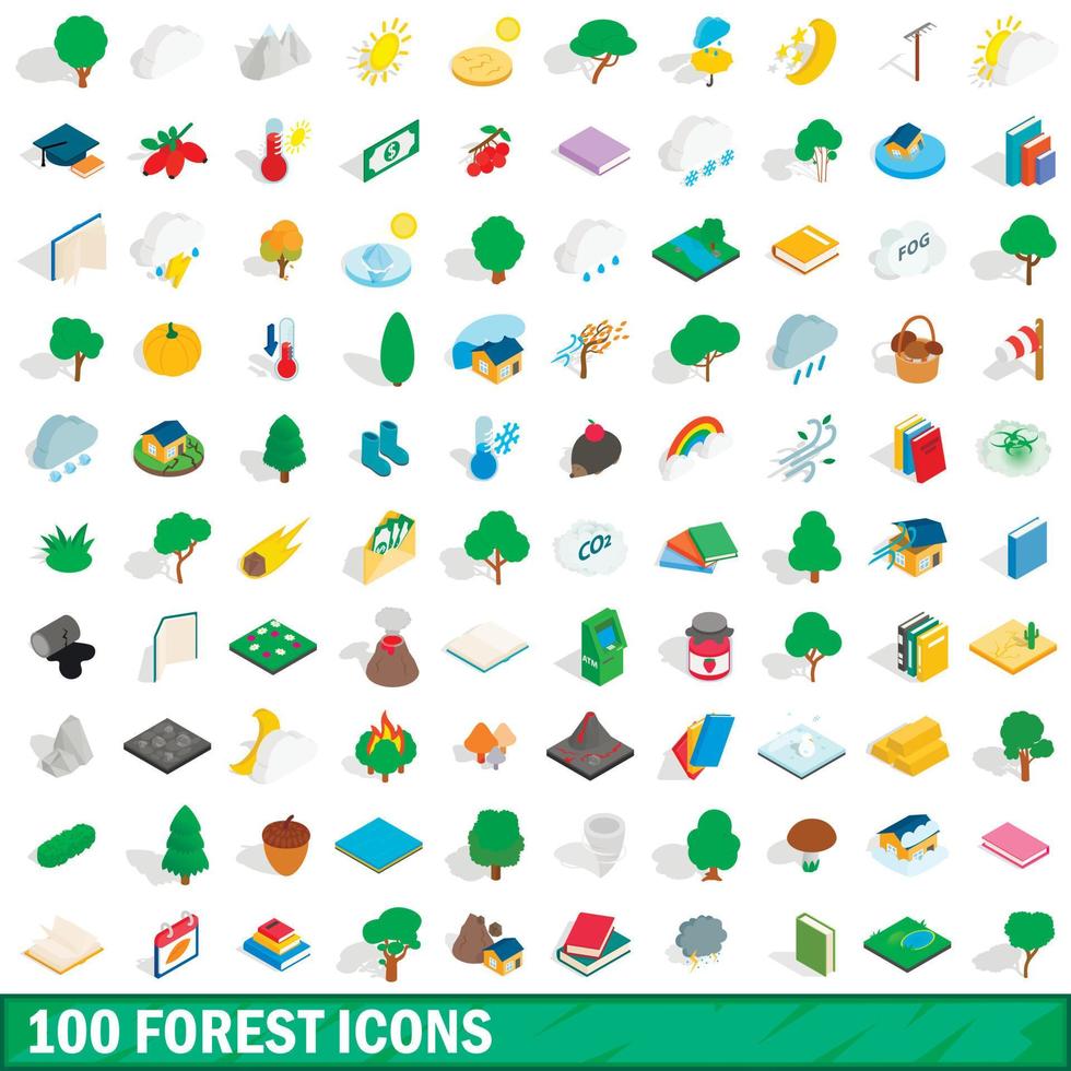 100 forest icons set, isometric 3d style vector