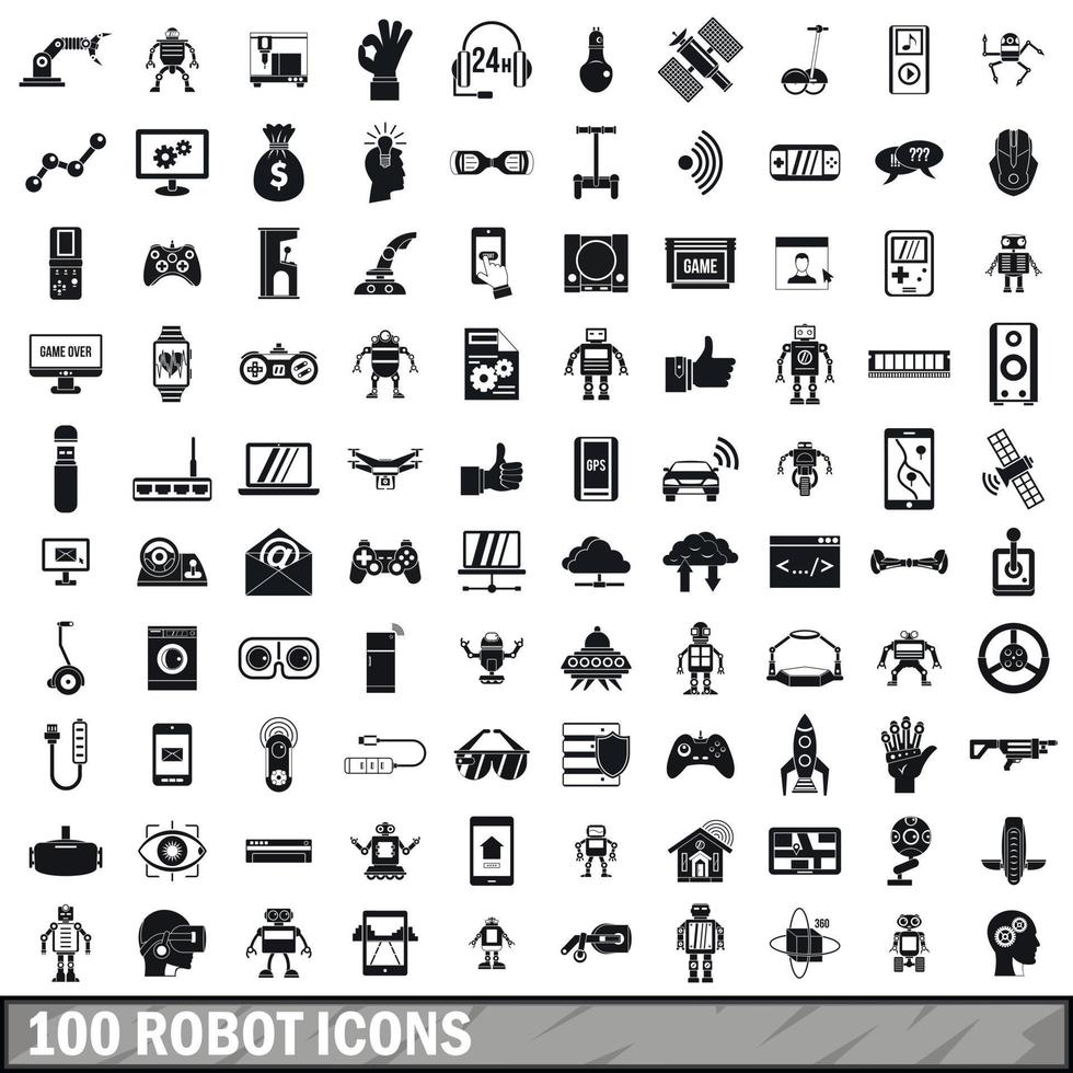 100 robot icons set, simple style vector