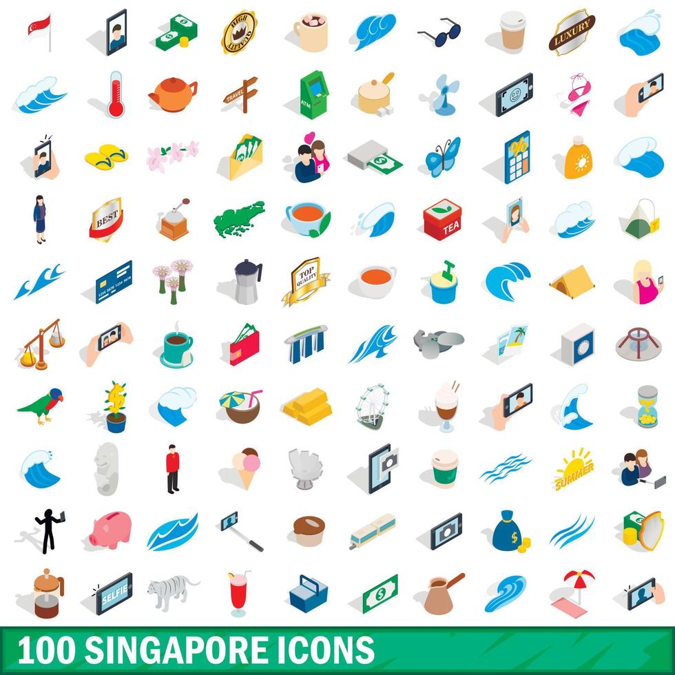 100 singapore icons set, isometric 3d style vector