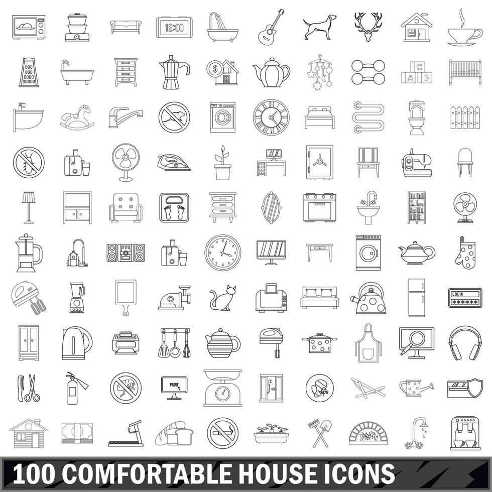 100 cómodos iconos de casa establecidos, estilo de esquema vector