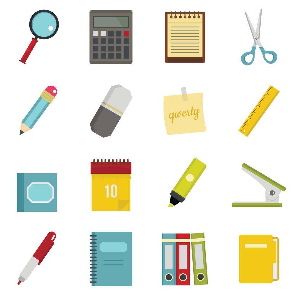 Stationery symbols icons set in flat style vector