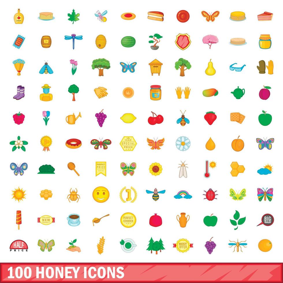 100 honey icons set, cartoon style vector