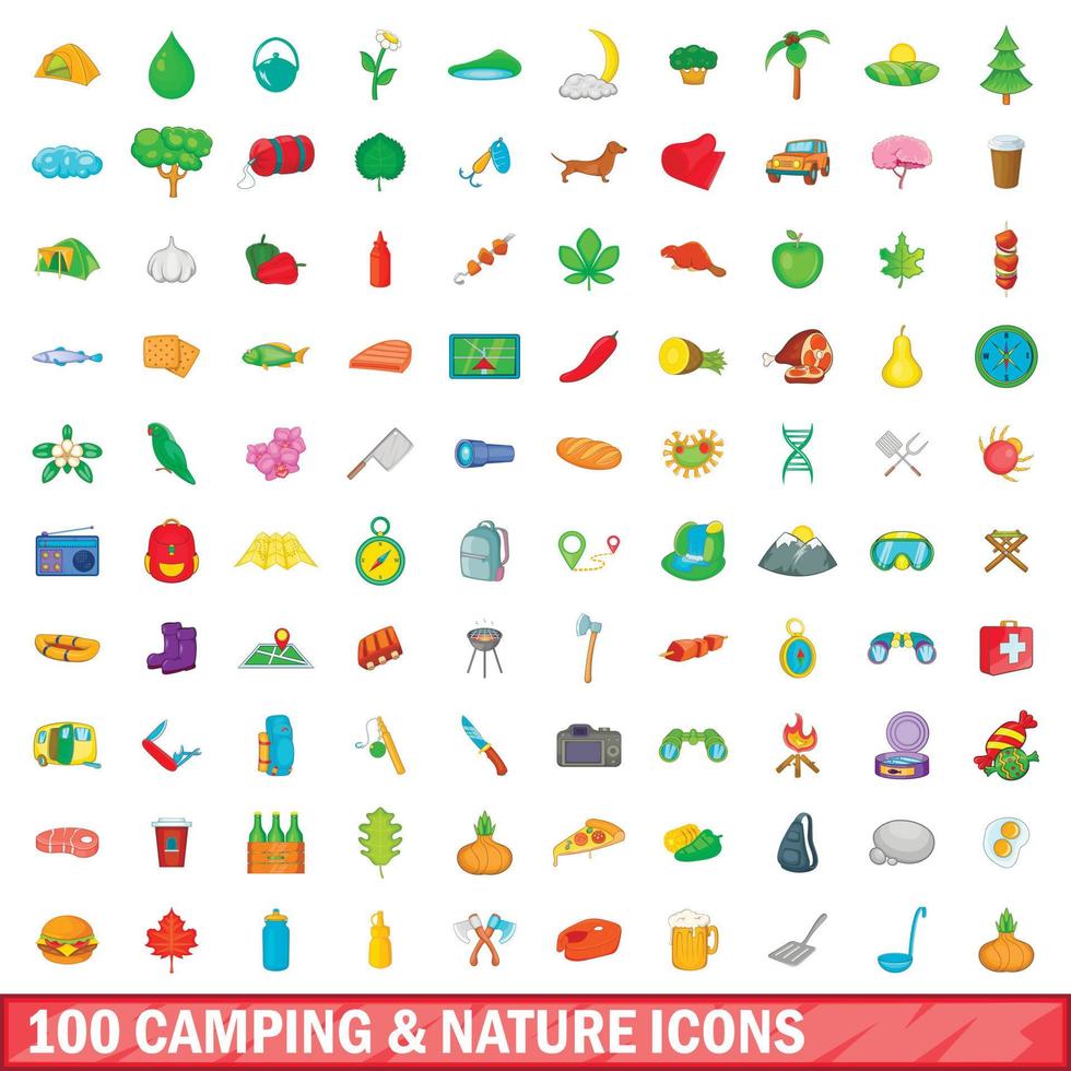 100 iconos de camping y naturaleza, estilo de dibujos animados vector