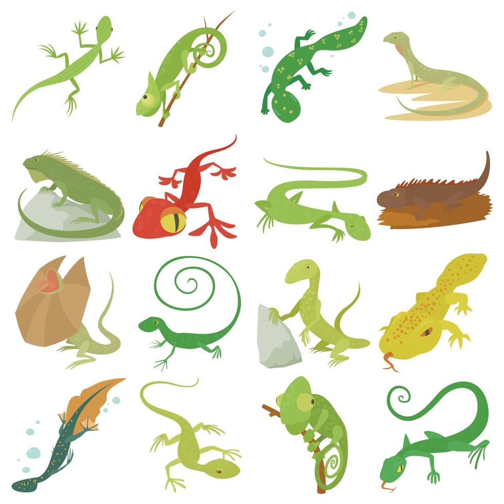 Conjunto de iconos de animales tipo lagarto, estilo de dibujos animados vector