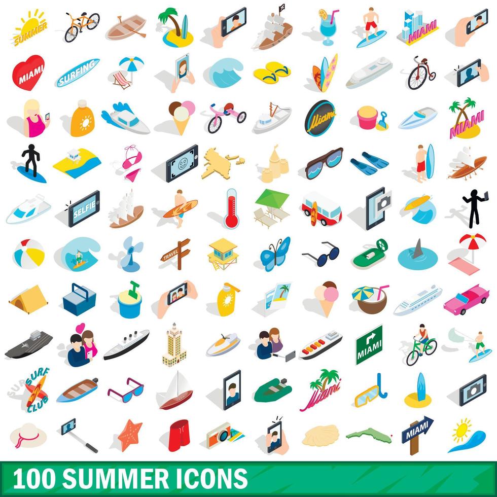 100 iconos de verano, estilo isométrico 3d vector