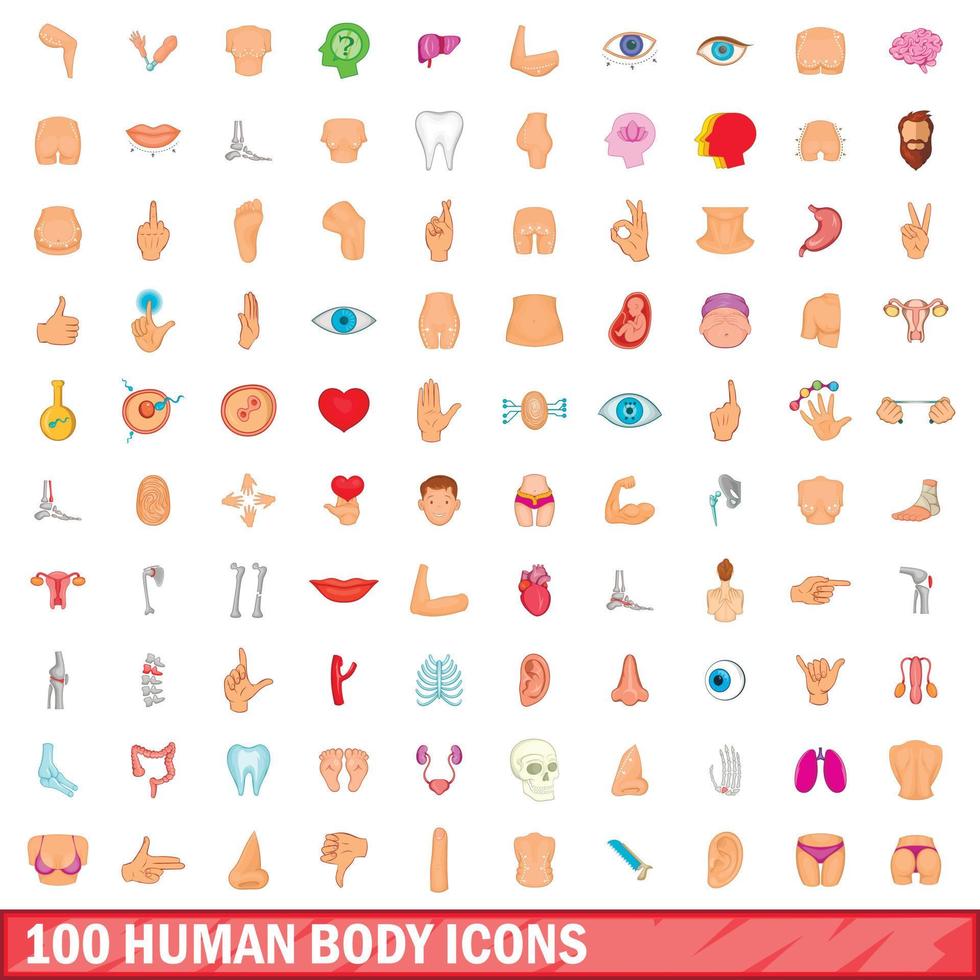 100 human body icons set, cartoon style vector