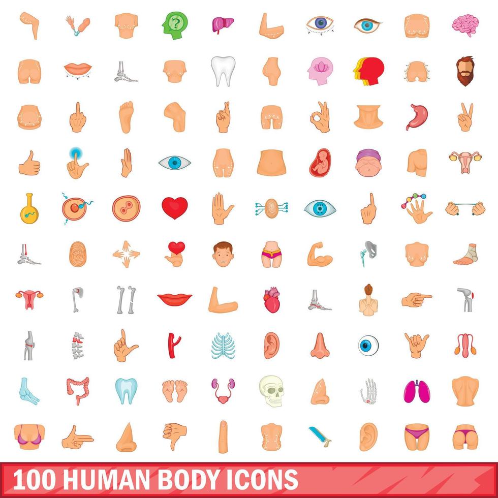 100 cuerpo humano, conjunto de iconos de estilo de dibujos animados vector