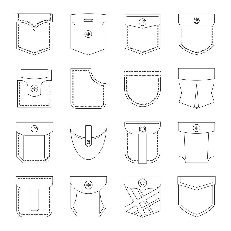 Pocket types icons set, outline style vector